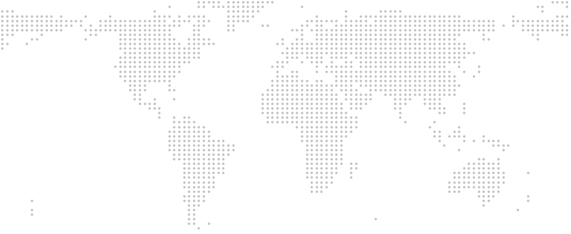 Dot-matrix world map indicating international commerce coverage